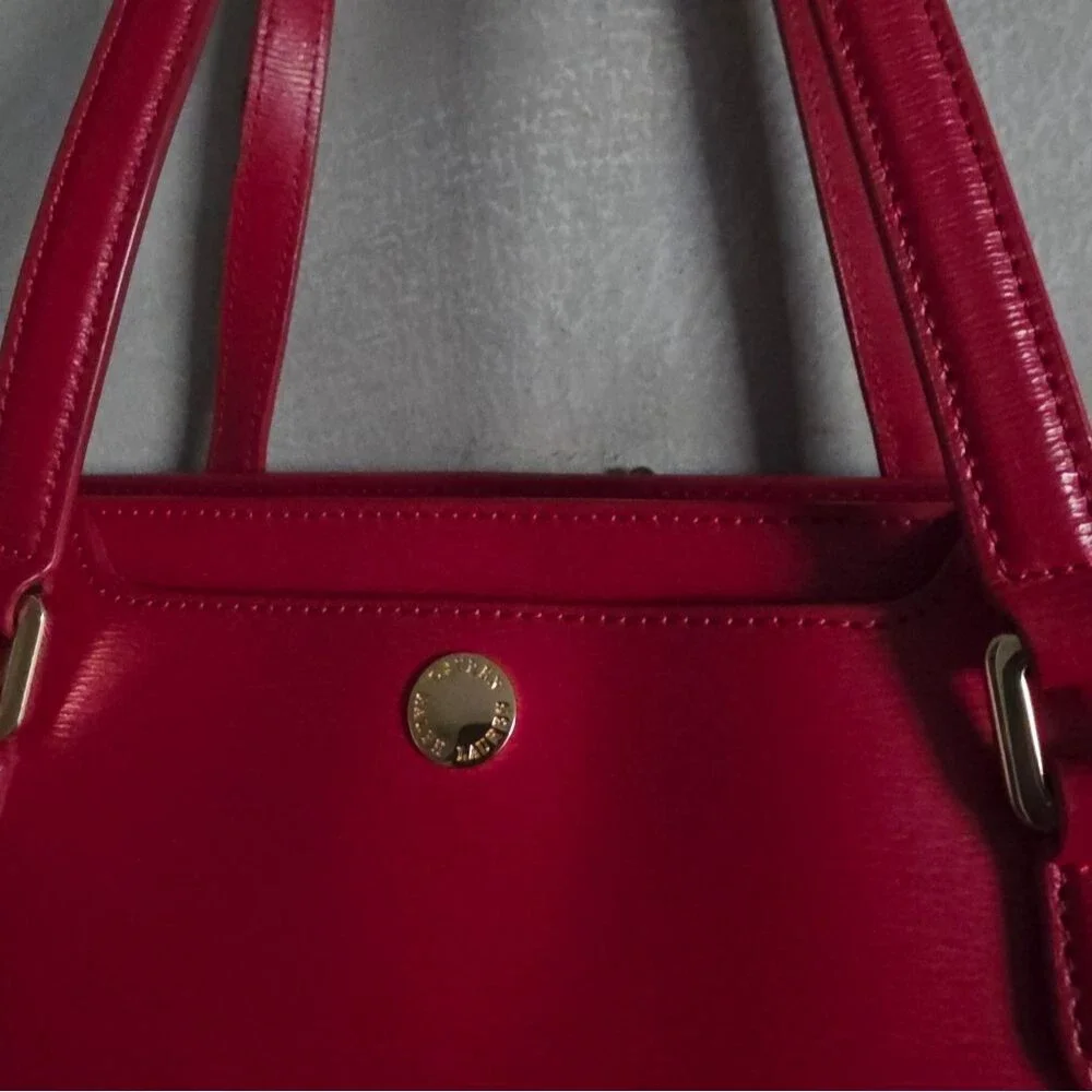 Ralph Lauren Red Saffiano Leather Tote Shoulder Handbag Gold Accents 18x11x7
